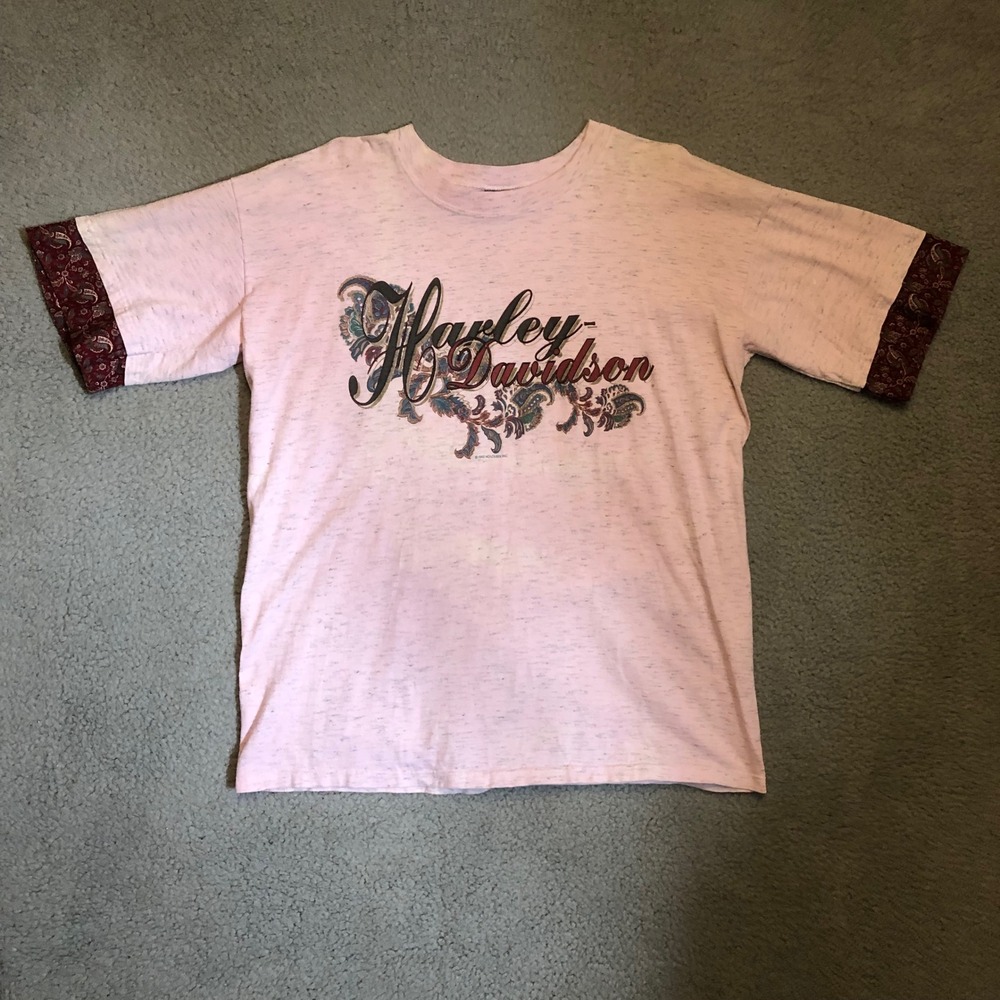 Vtg 1992 Harley Davidson Pink Paisley T-Shirt 100% Cotton L Single Stitch